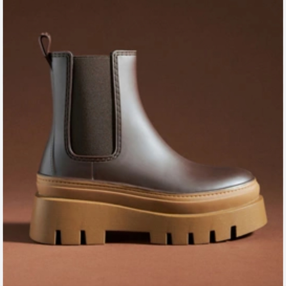 Jeffrey Campbell Brown Leather Chelsea Platform Rain Boots with Tan Lug Sole